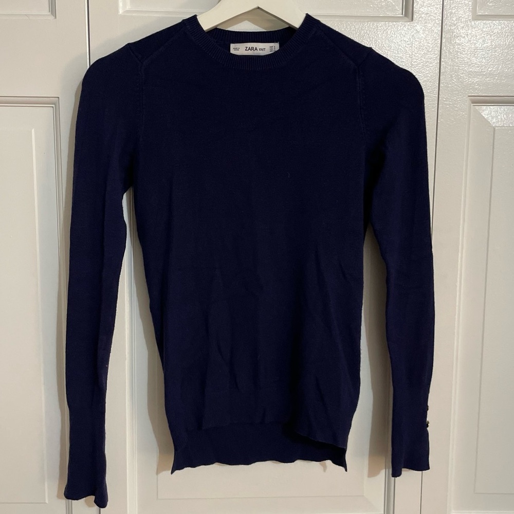 Zara Blue Crew Neck Knit Sweater with button detail on sleeves